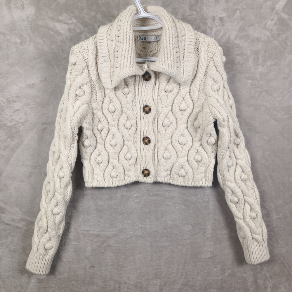 Zara Cardigan Sweater Crop Women's Size S Cable Knit Chunky Pompoms Neutral